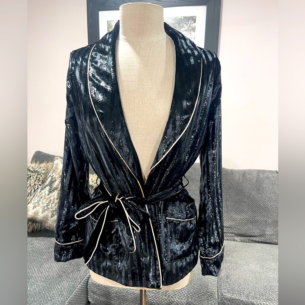Victoria Secret Black Velour&Satin Striped Robe